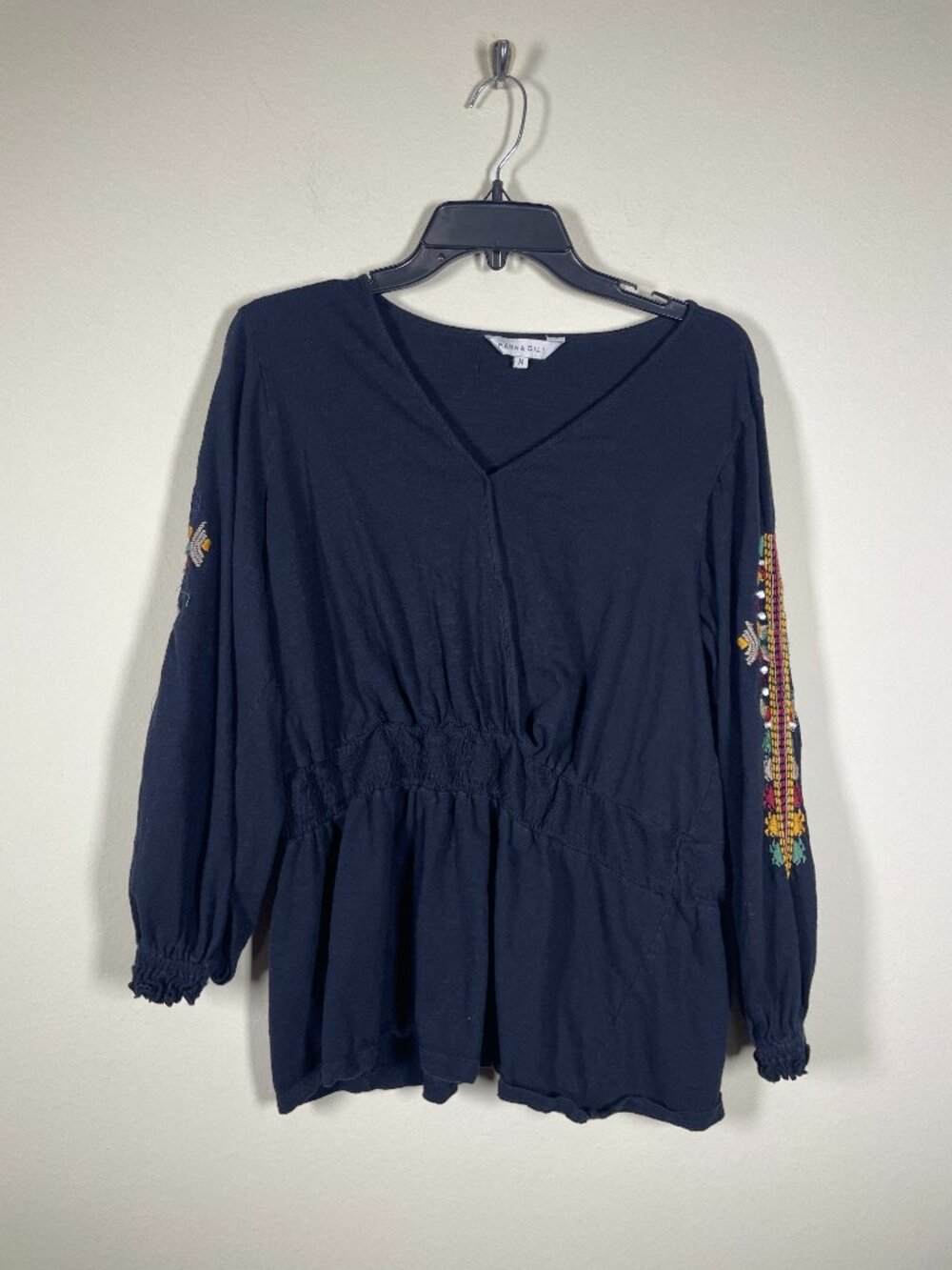 RANNA GILL Black "Deidra" Embroidered Sleeve Smocked Waist Faux Wrap Top Medium!